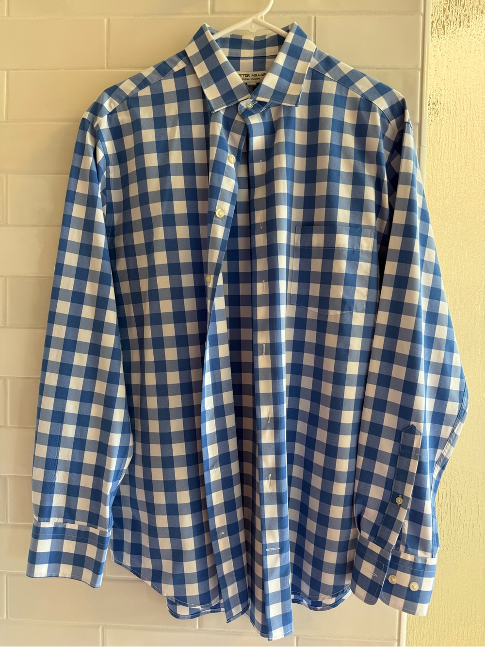 Peter Millar Blue and White Gingham Button-Down Shirt Size Medium